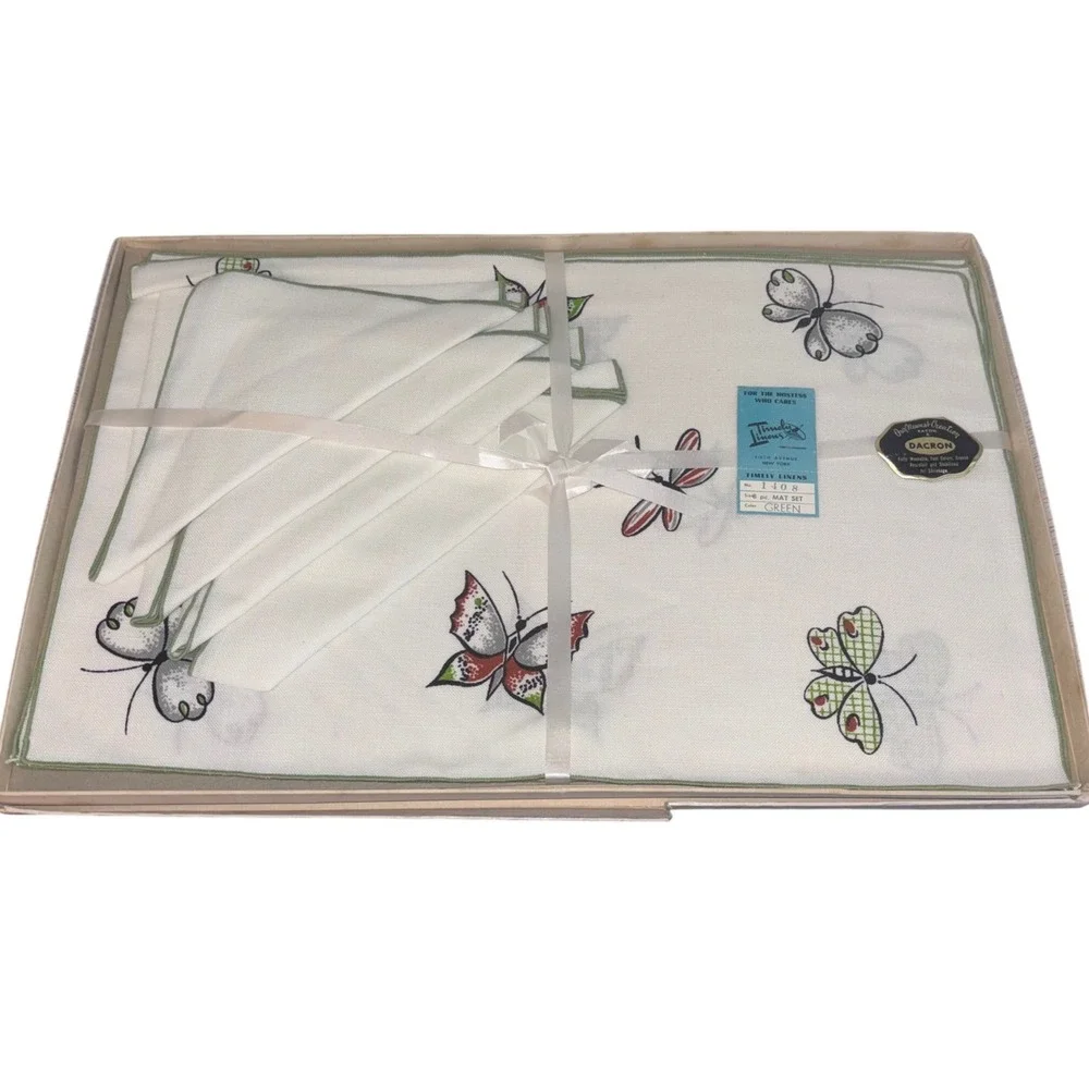 Vintage Timely‎ Linens | 8pc Set | Embroidered Butterfly | MCM | NEW Small Flaw